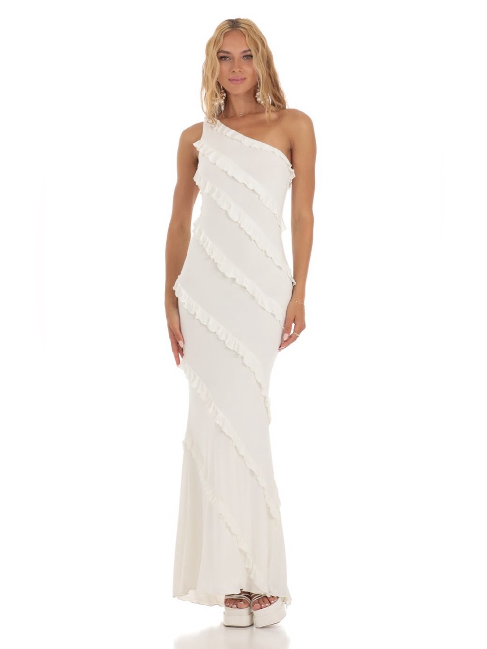 White One Shoulder Ruffle Maxi Dress